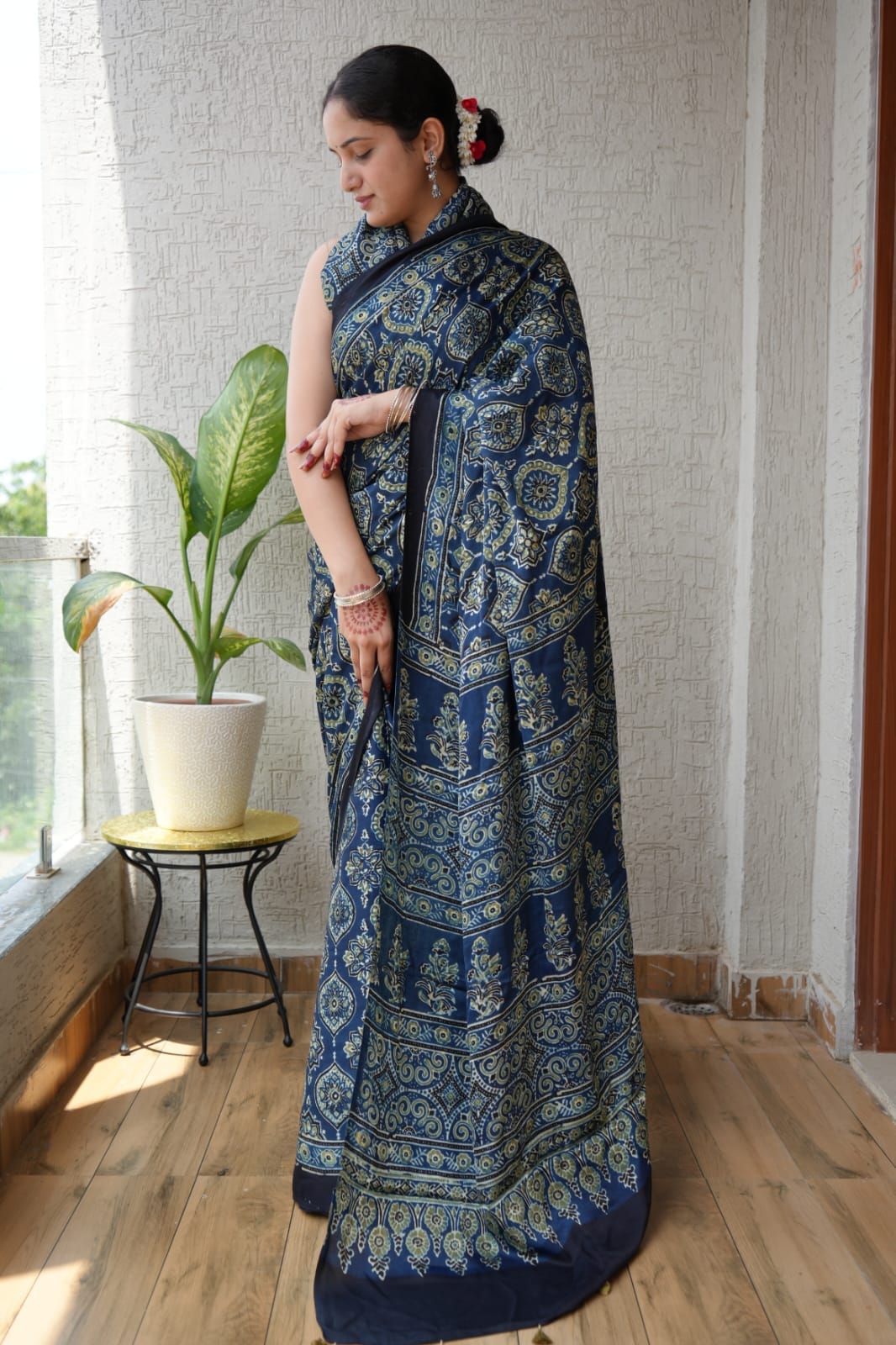 Indigo Ajrakh Print Handblock Printed Modal Silk Saree – Traditional Natural Dye Craft from Gujarat
